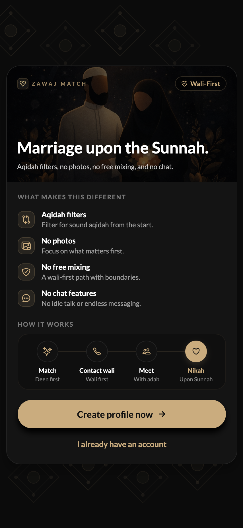 Zawaj Match welcome screen highlighting aqidah filters and a wali-first flow.